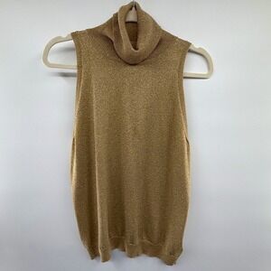 Vintage Y2K Lauren Ralph Lauren Gold Silk Metallic‎ Sleeveless Turtleneck XL